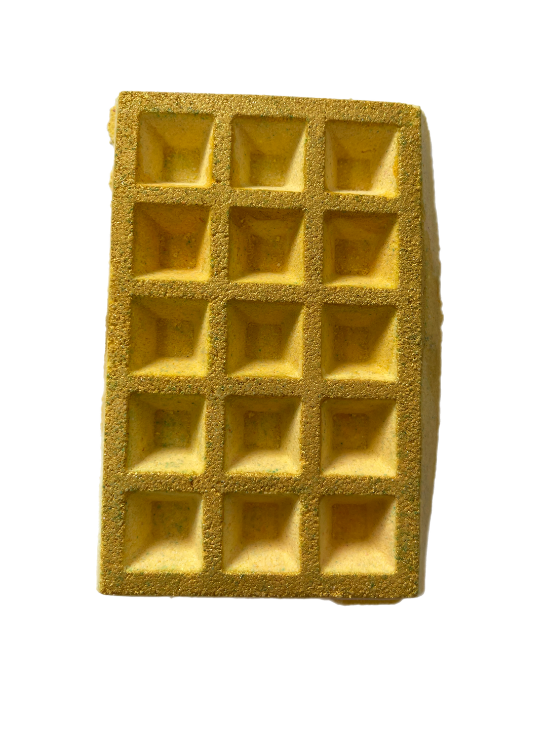gemini waffle bath bomb in gold and yellow with painted yellow biodegradable plastic free glitter 